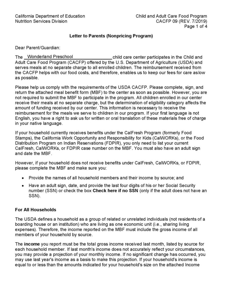 Wonderland Preschool CACFP - Letter to Parents (Nonpricing Program) 2020